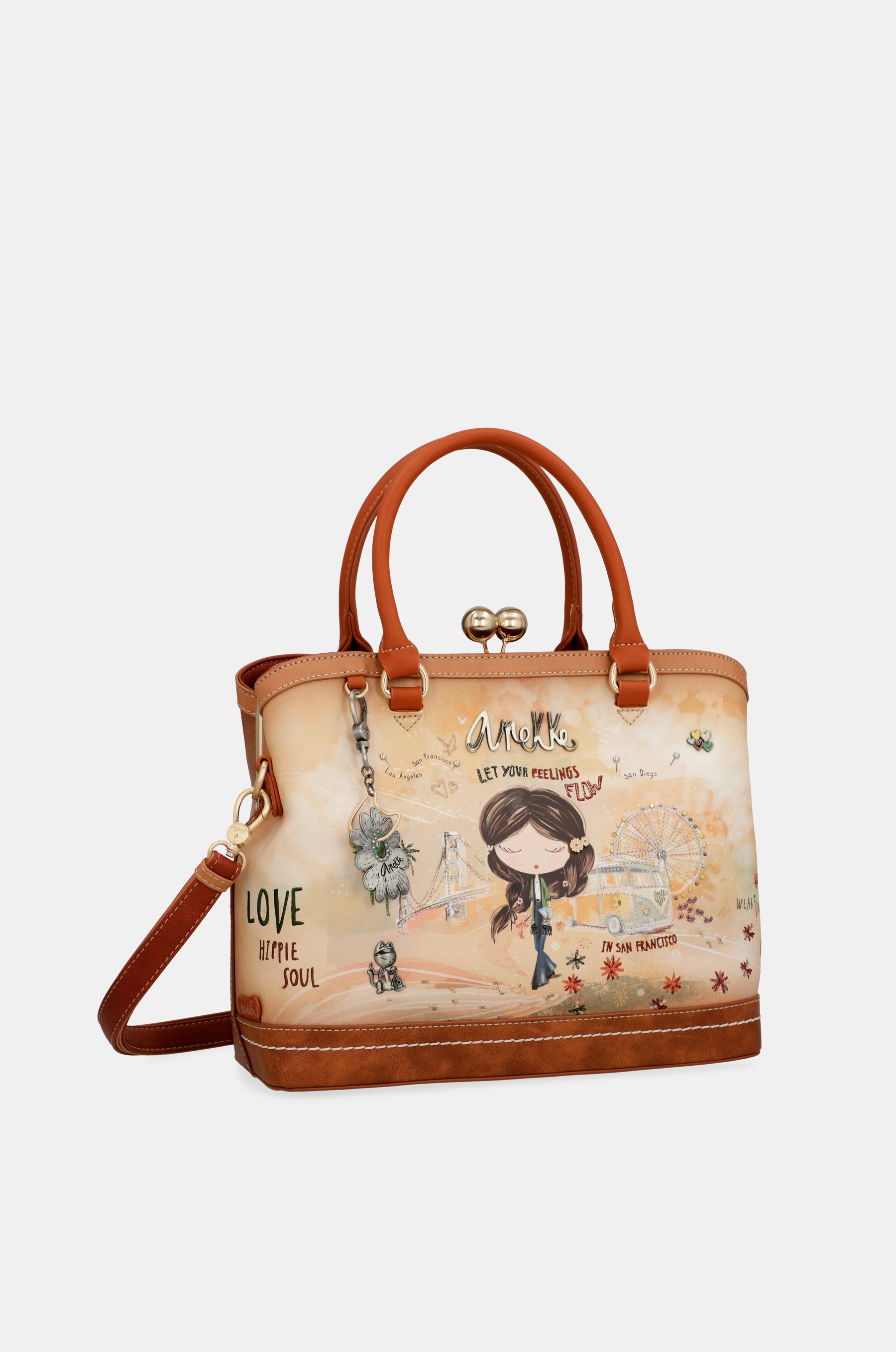 Borsa Peace & Love con chiusura a bacio cammello