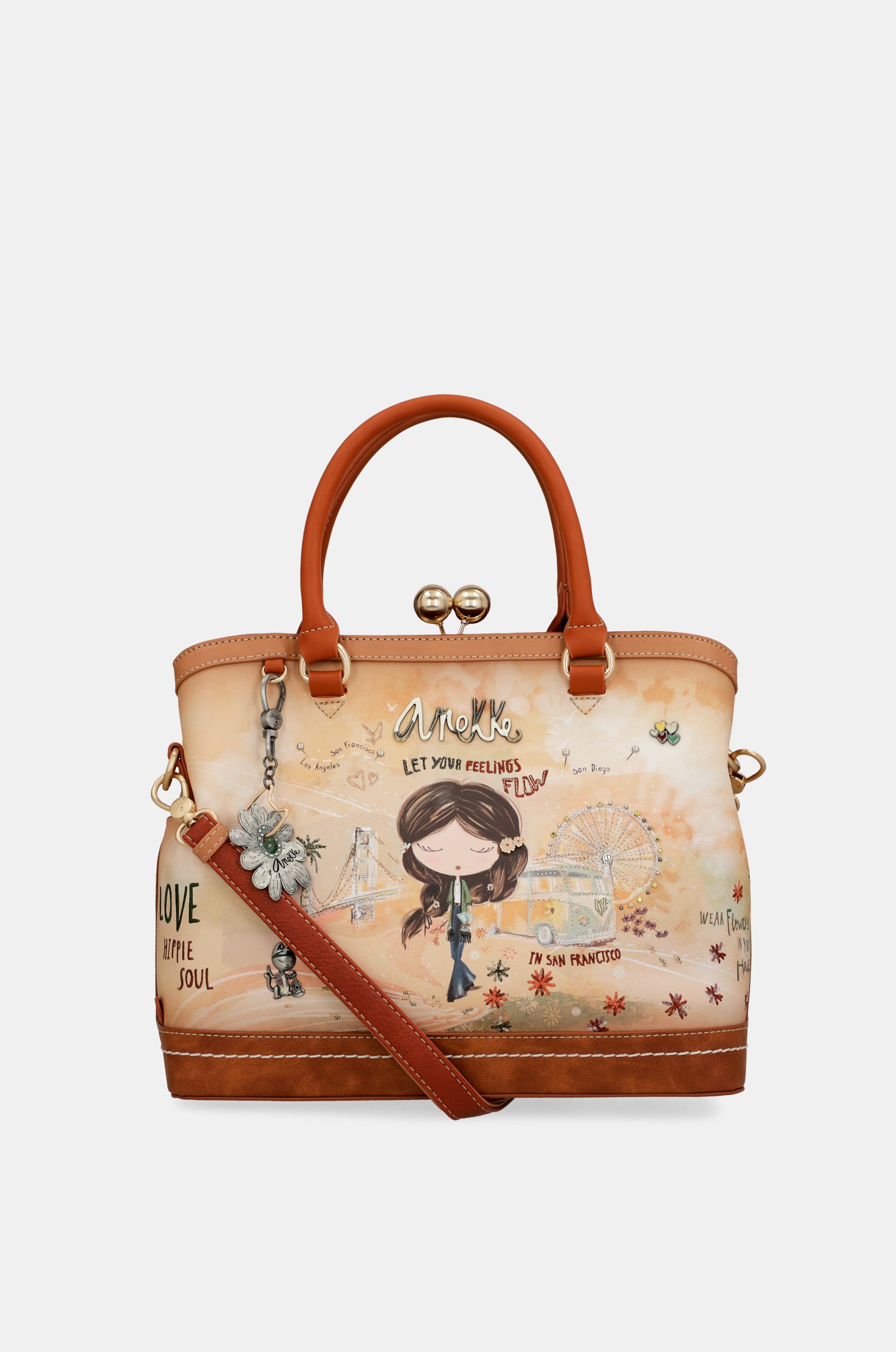 Borsa Peace & Love con chiusura a bacio cammello