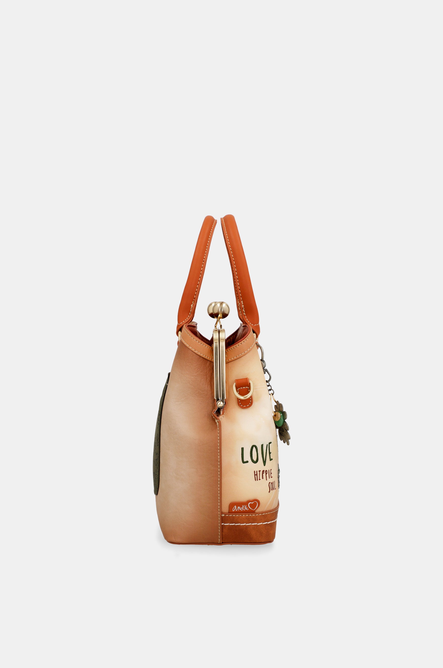 Borsa Peace & Love con chiusura a bacio cammello