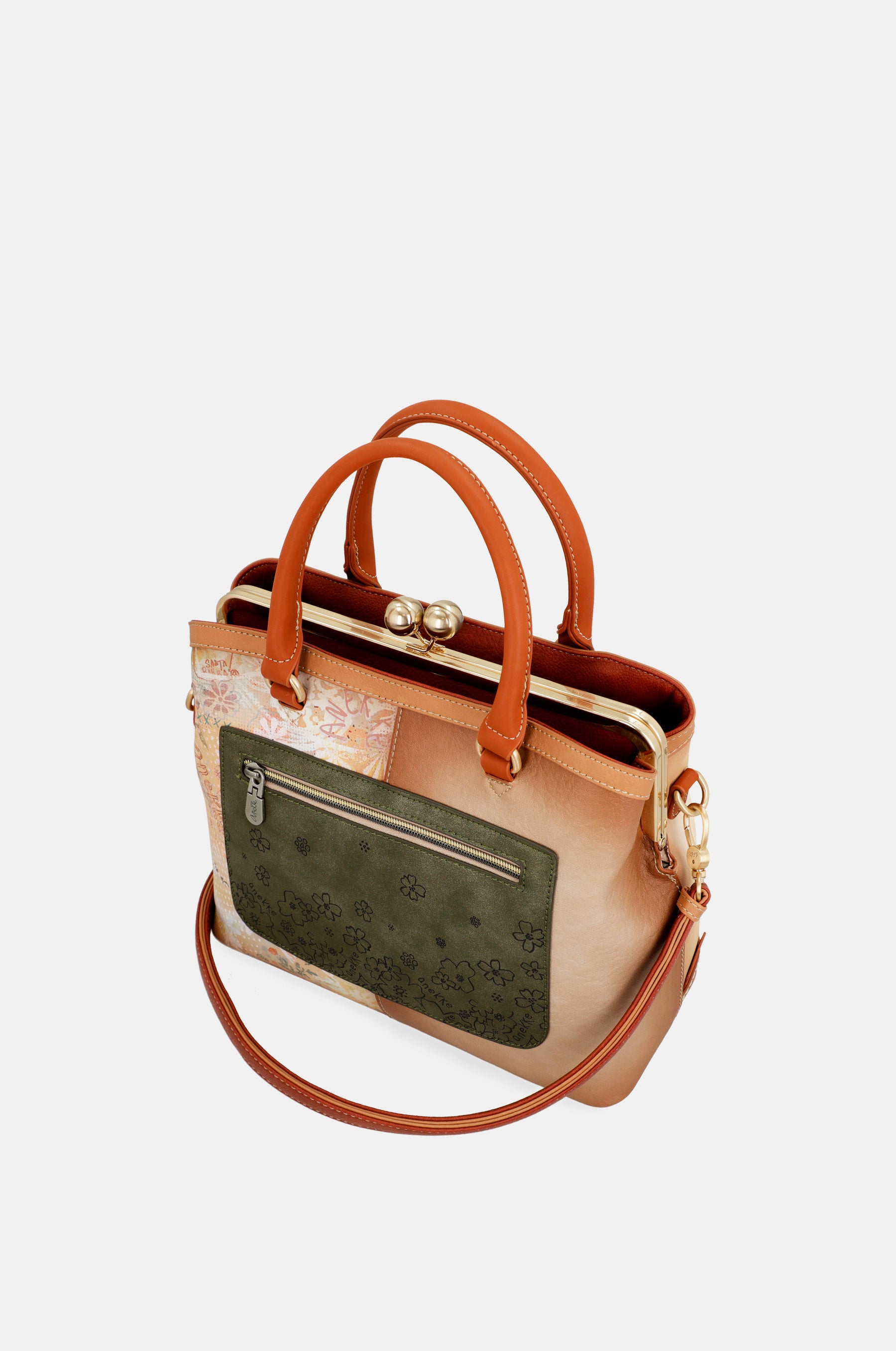 Borsa Peace & Love con chiusura a bacio cammello