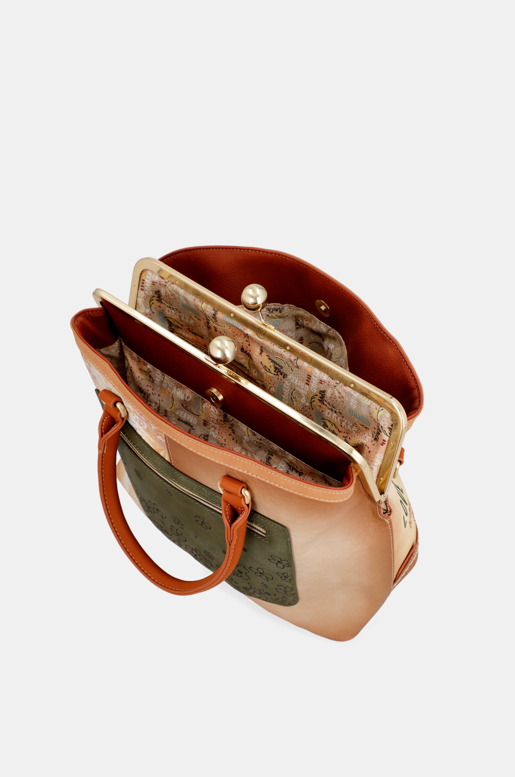 Borsa Peace & Love con chiusura a bacio cammello