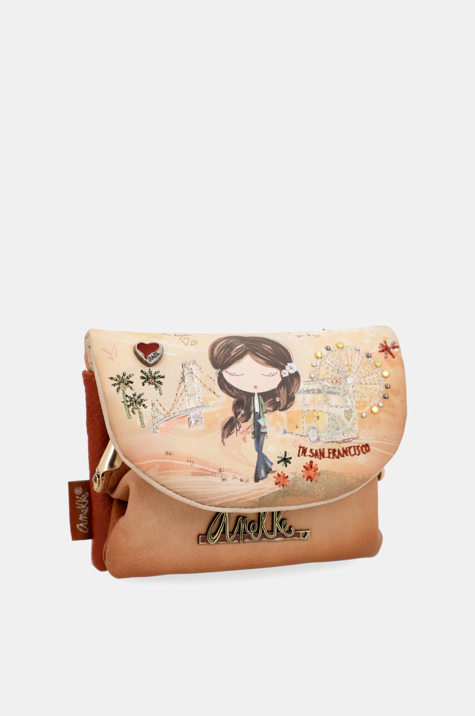 Portamonete con patta Peace & Love cammello