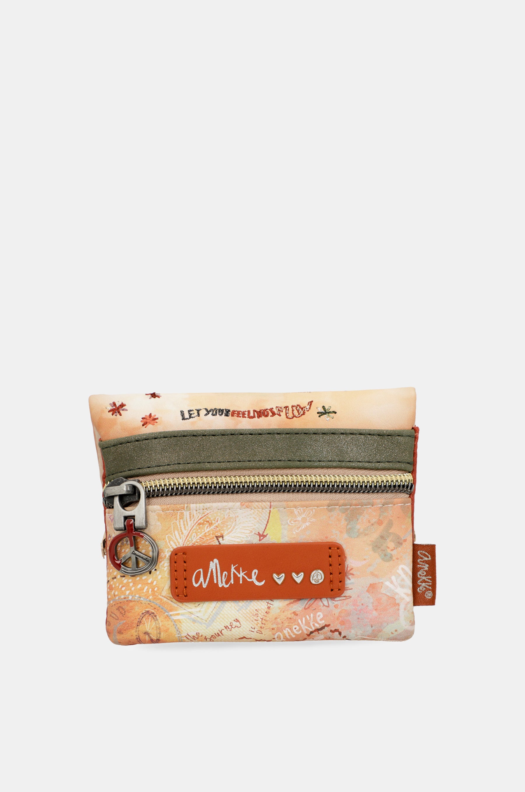 Portamonete con patta Peace & Love cammello