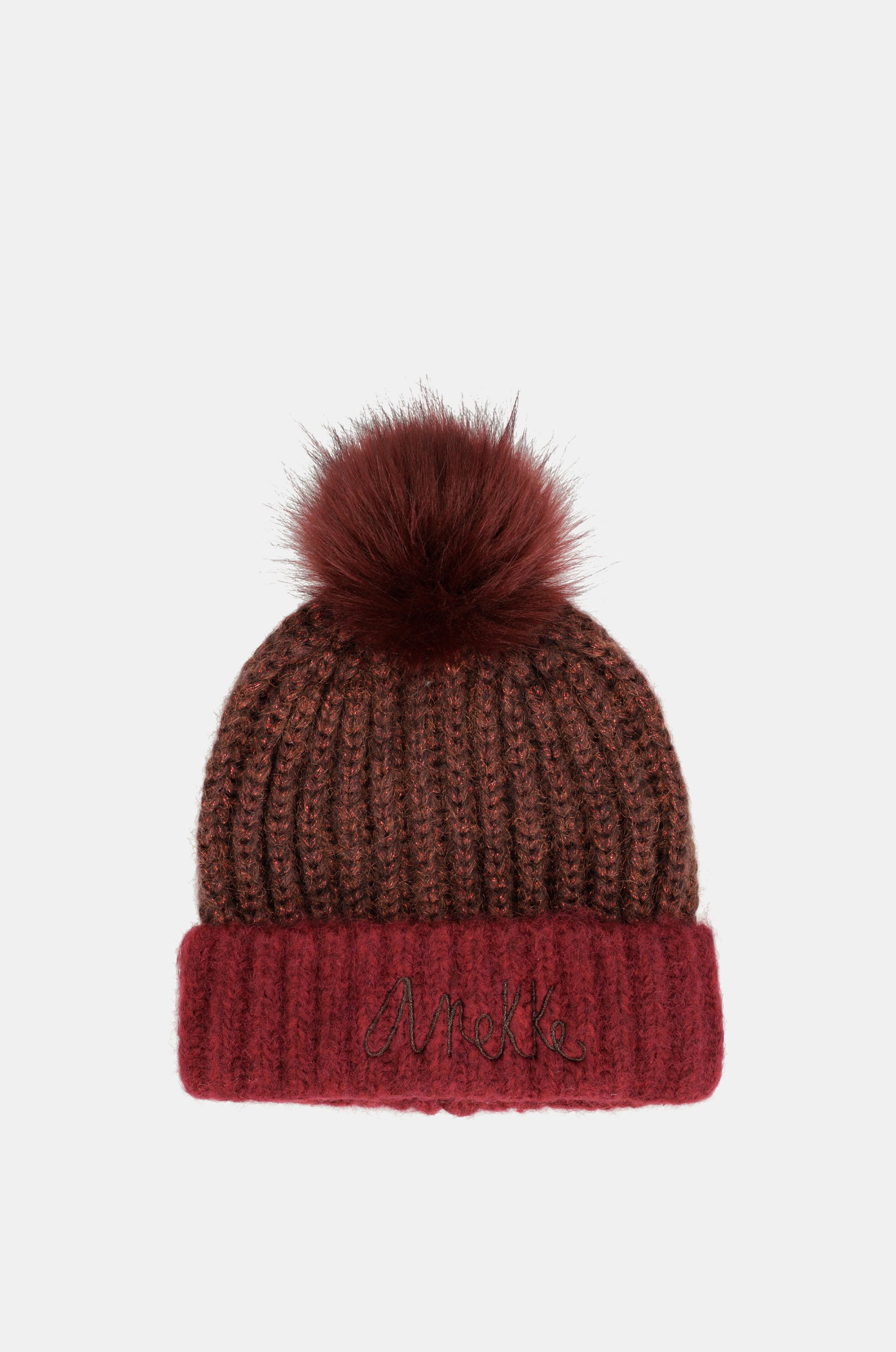 Berretto lavorato a maglia bordeaux con pompon