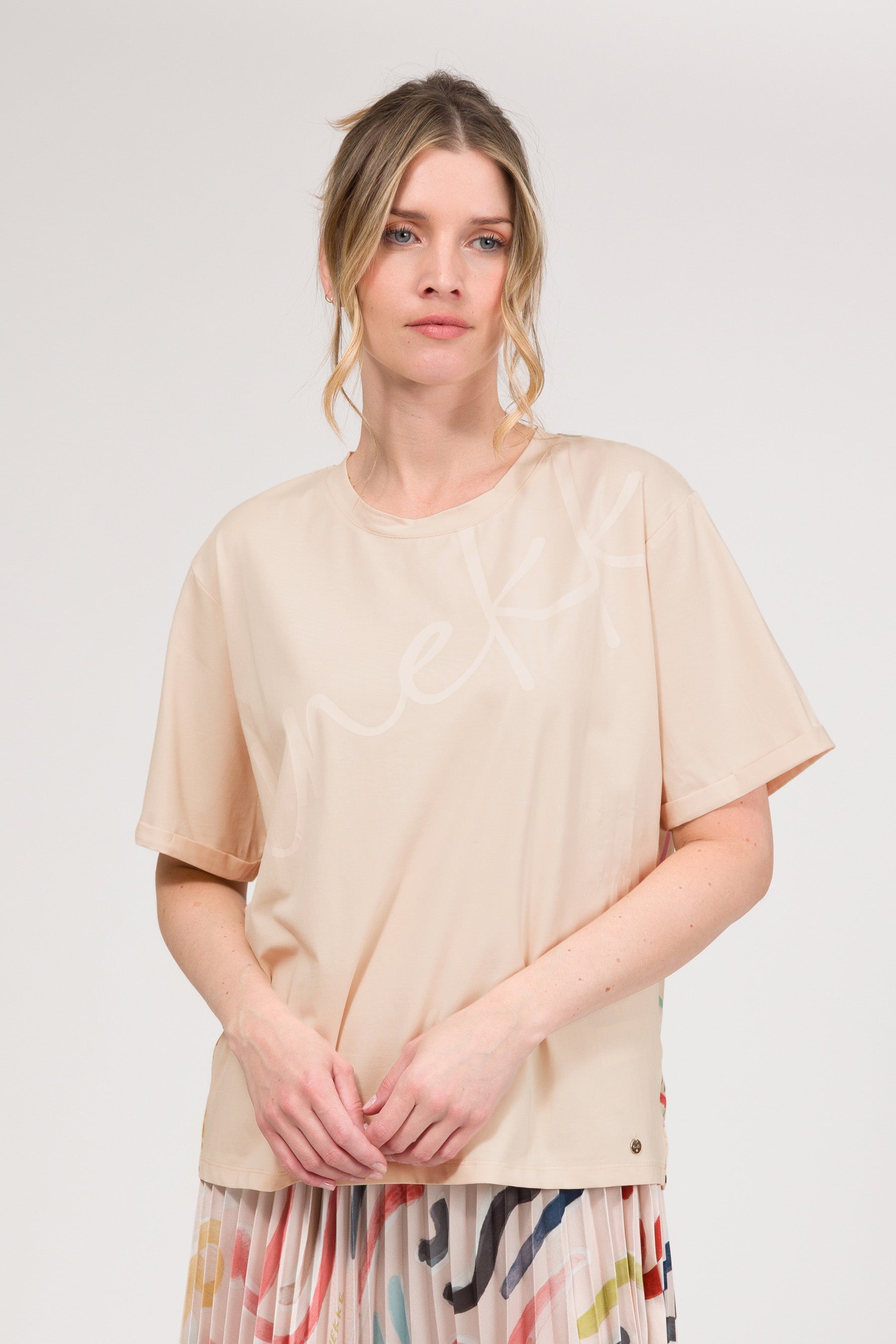Maglietta a maniche corte beige con stampa