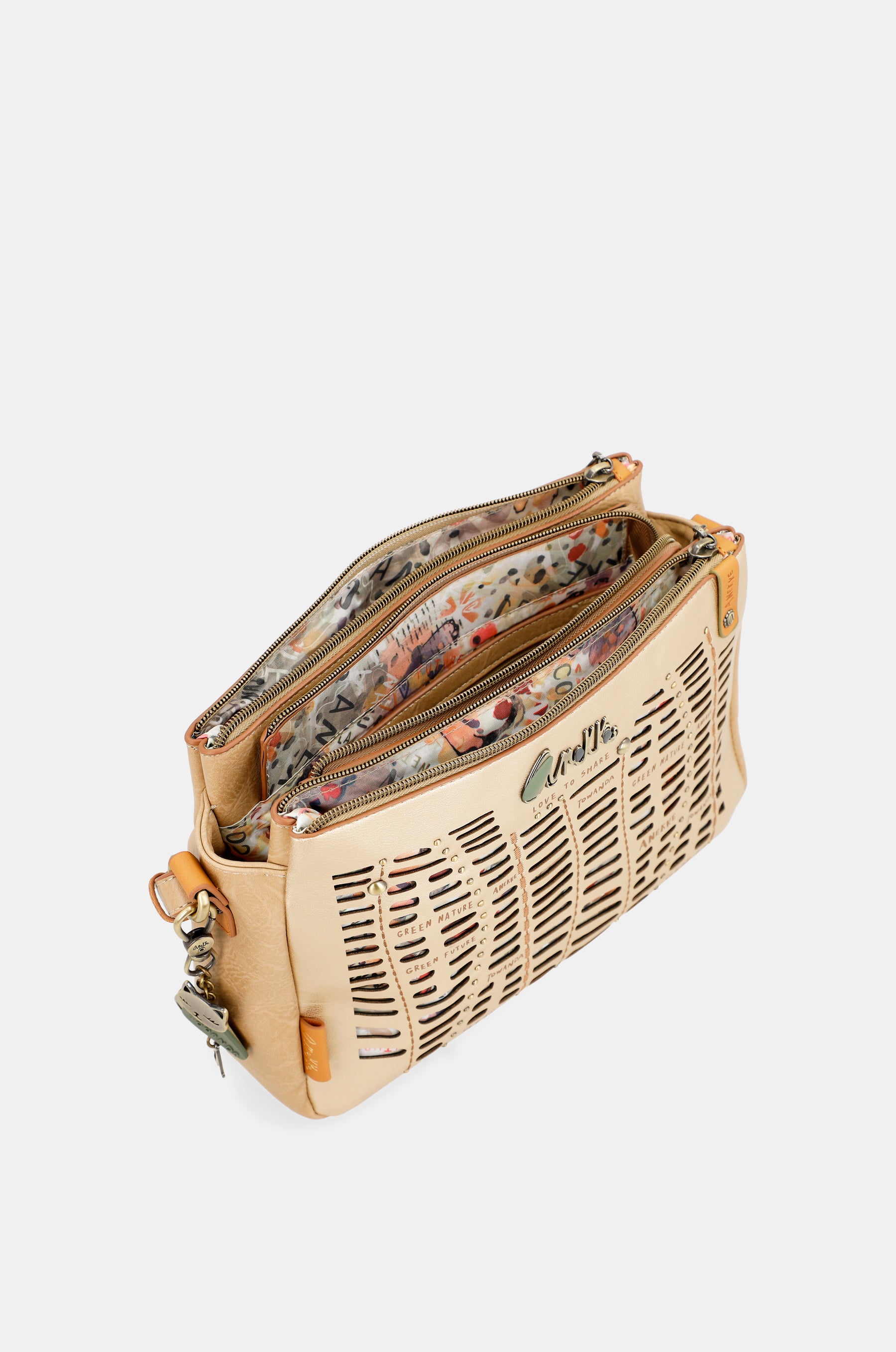Borsa a tracolla dorata Nature Pachamama con tre scomparti
