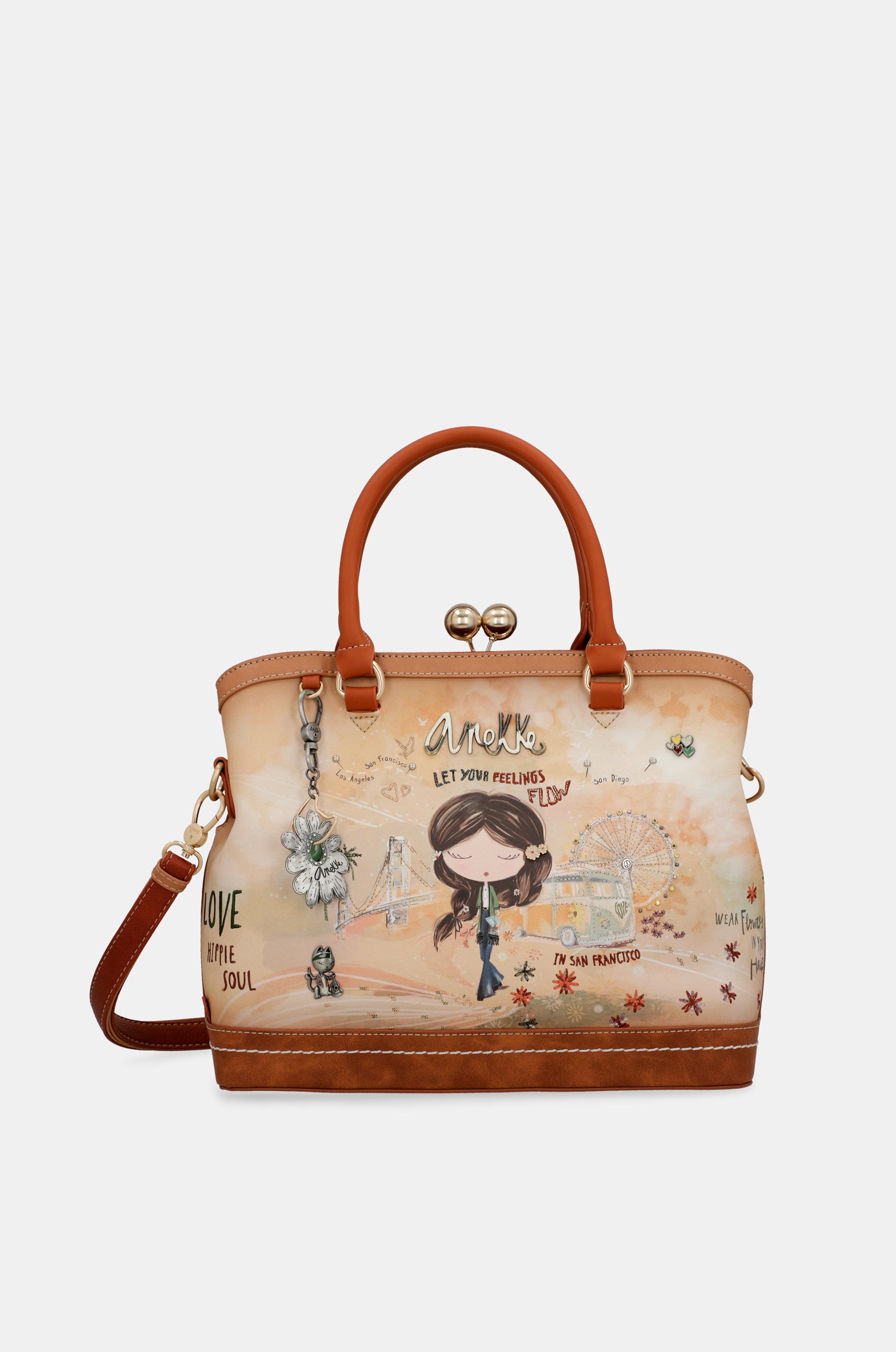 Borsa Peace &amp; Love con chiusura a bacio cammello