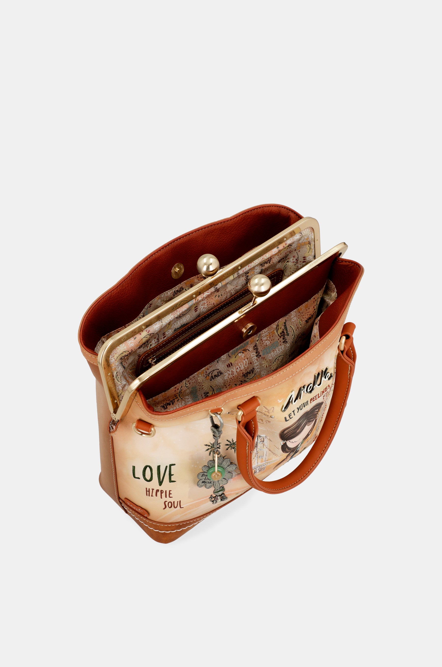Borsa Peace &amp; Love con chiusura a bacio cammello