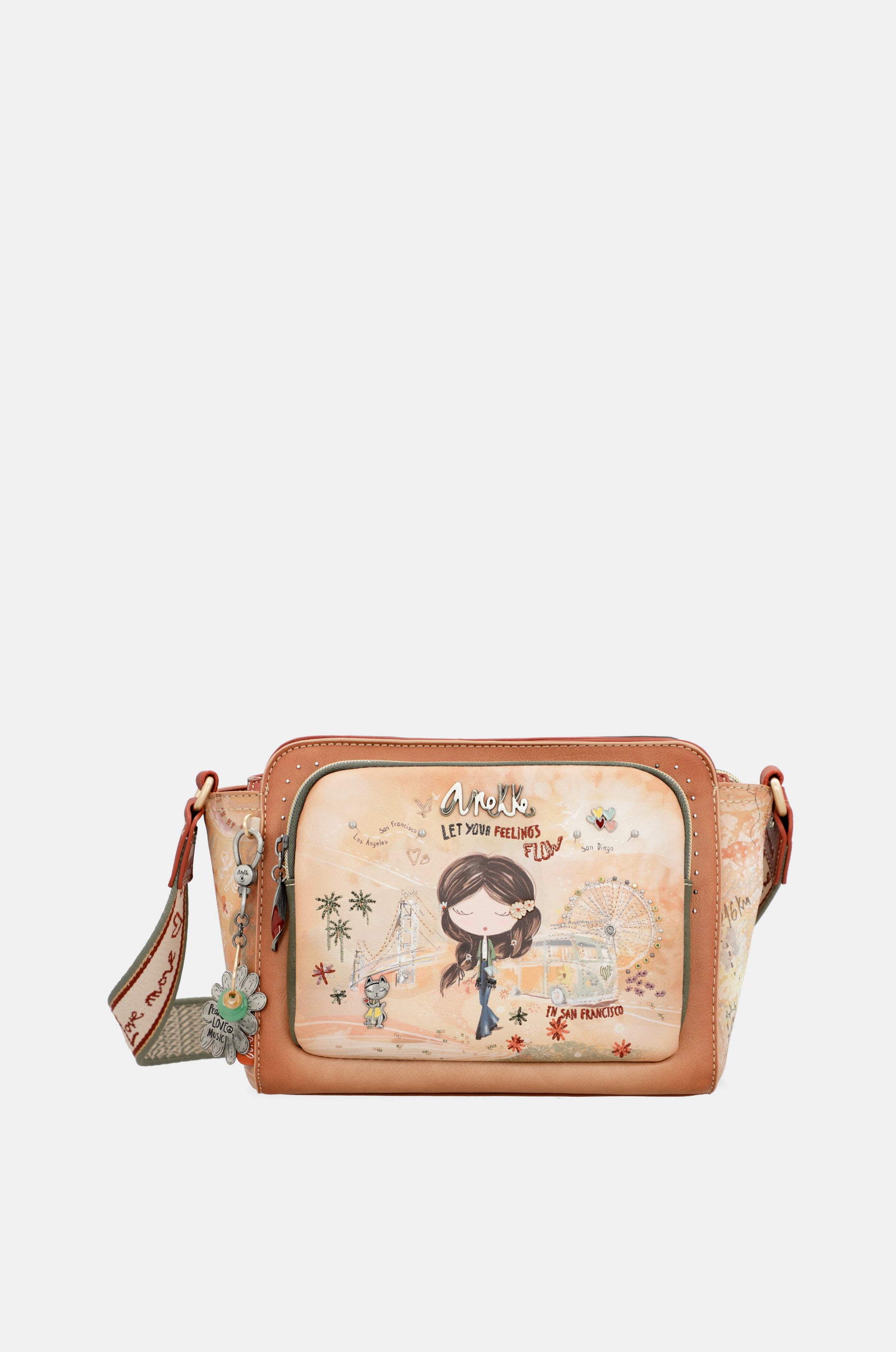 Borsa a tracolla rettangolare color cammello Peace &amp; Love
