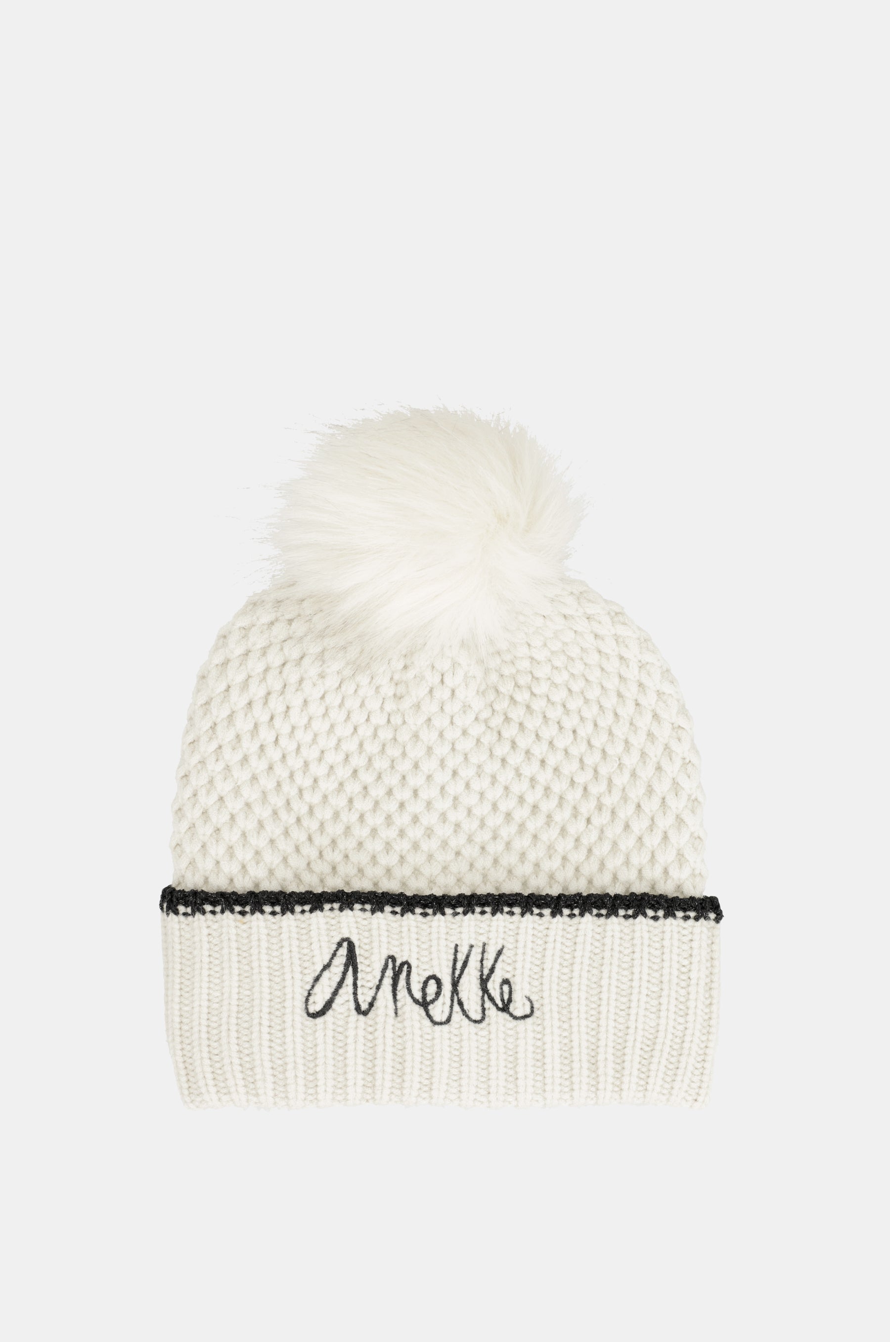 Berretto beige lavorato a maglia con pompon
