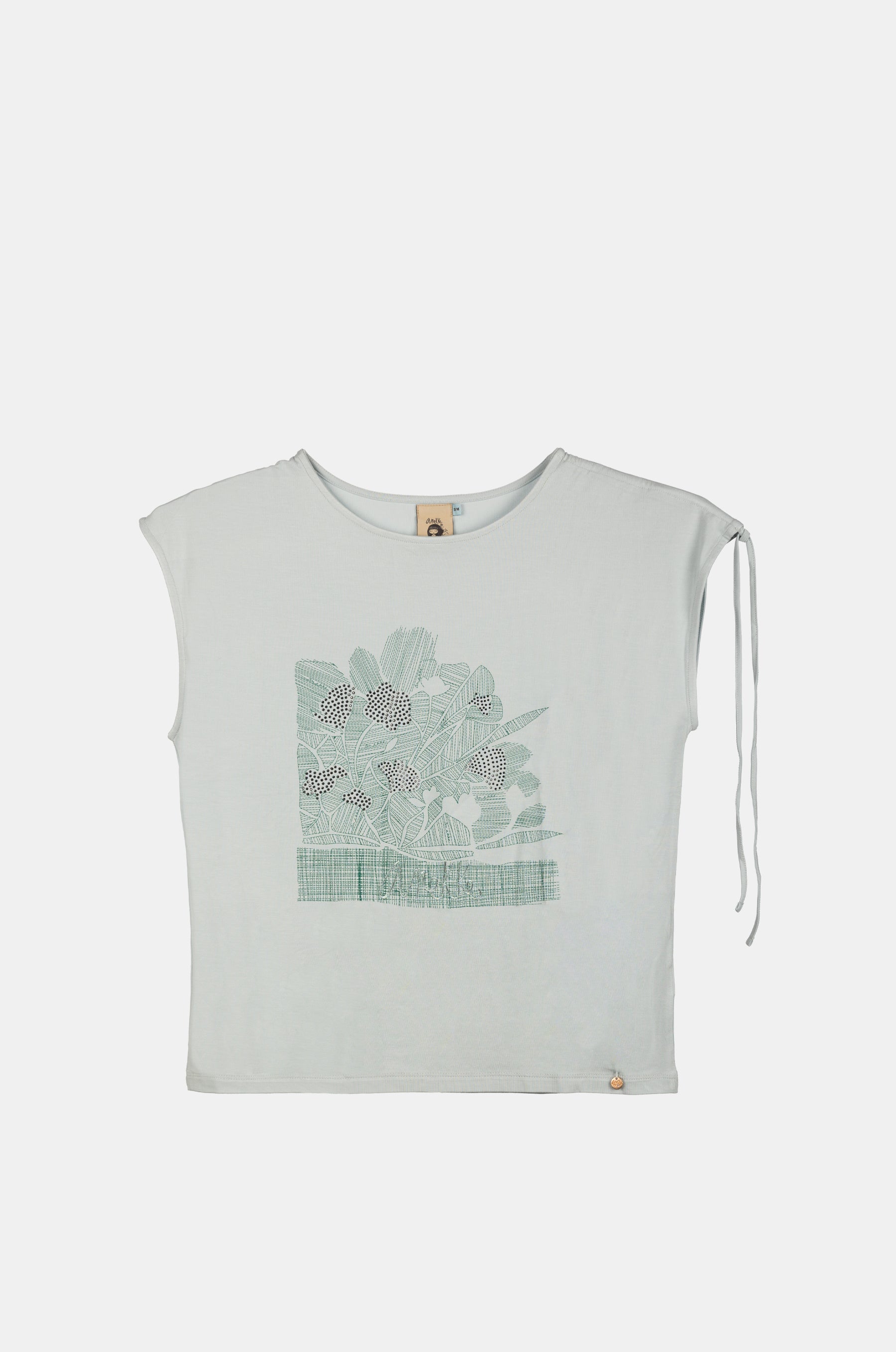 T-shirt blu con arricciatura su una spalla