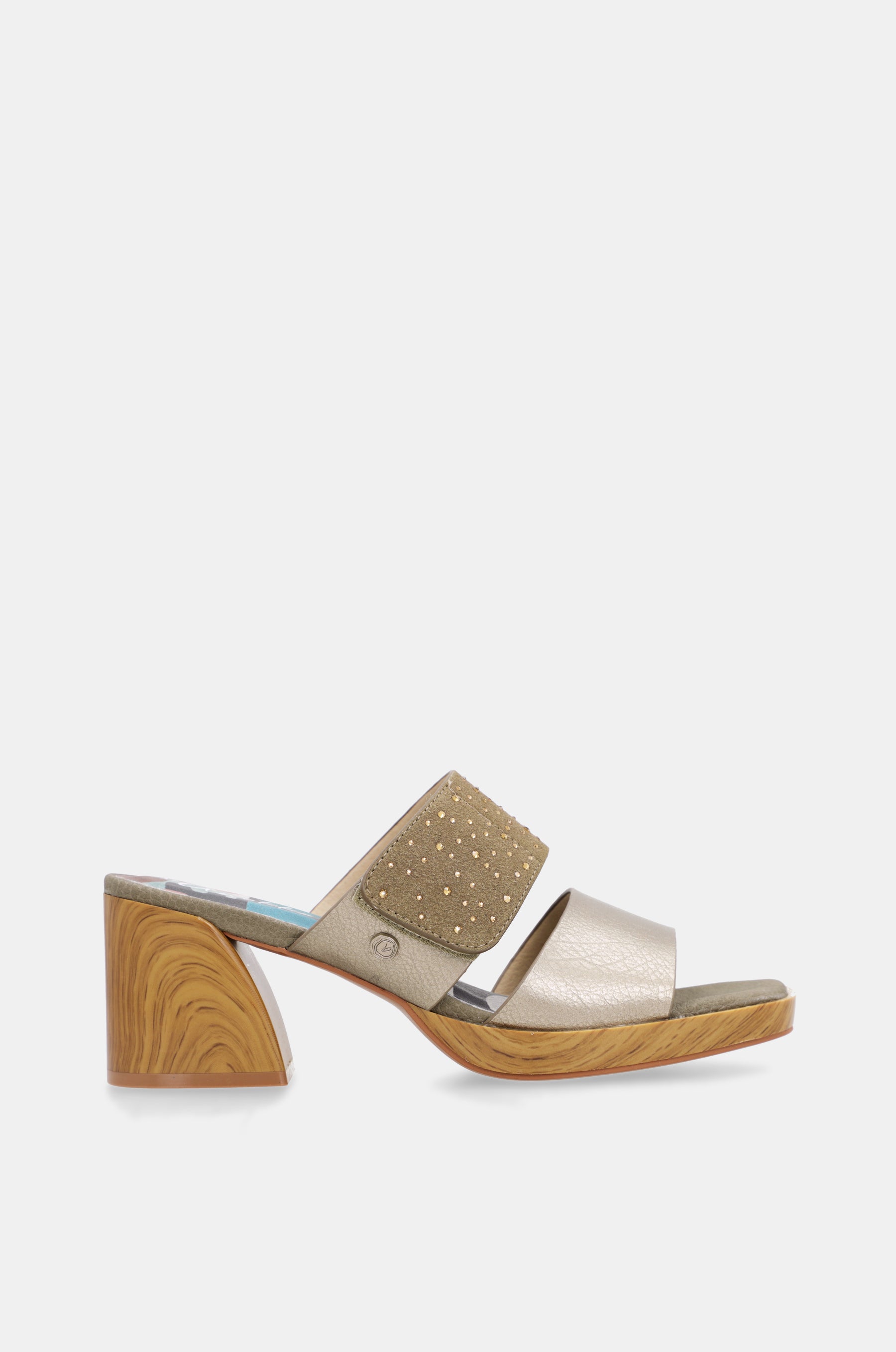 Sandali con tacco verdi e dorati con strass