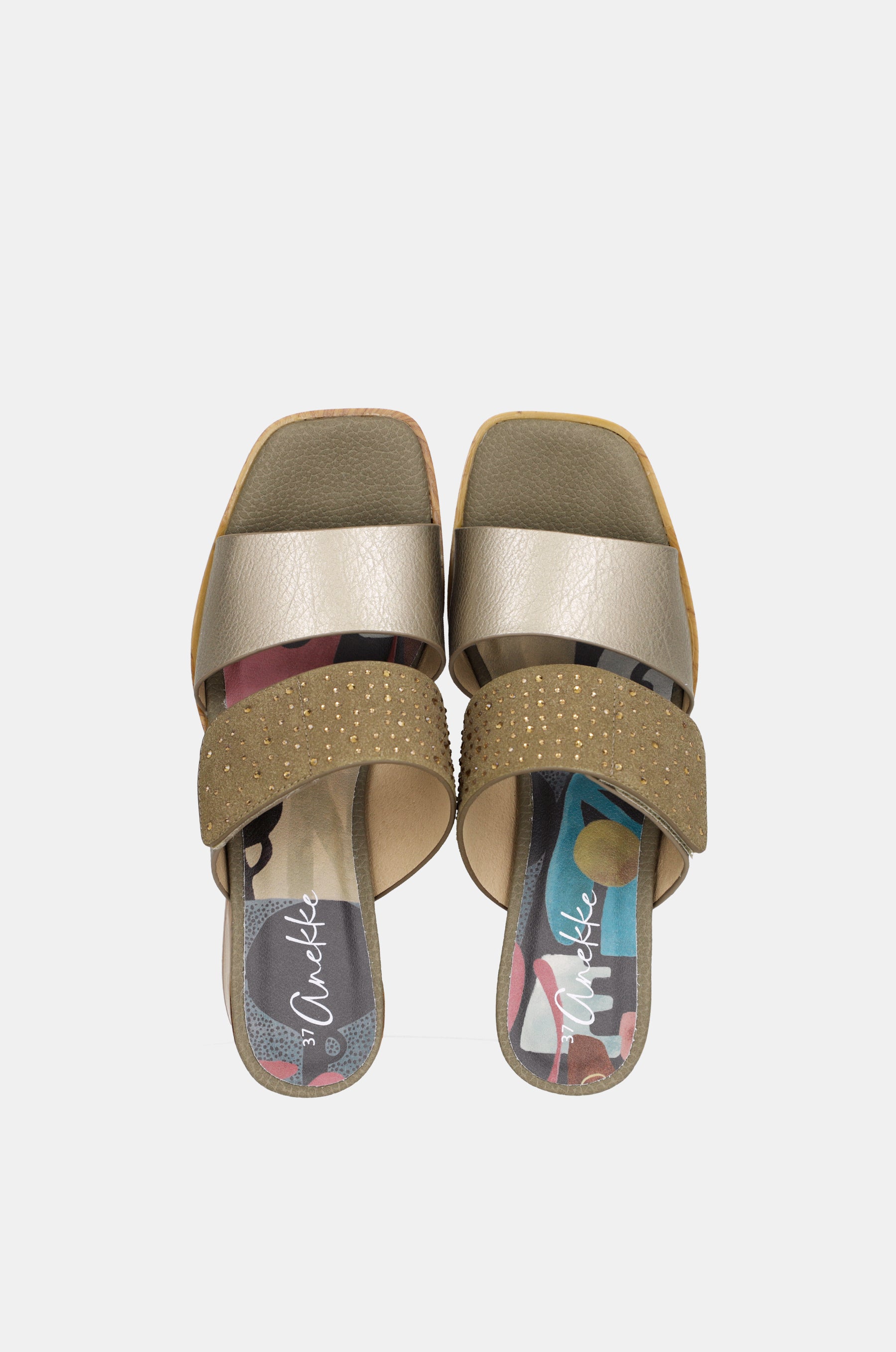 Sandali con tacco verdi e dorati con strass