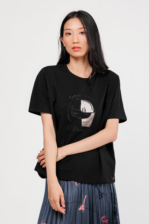 Maglietta manica corta nera con particolari argento e bronzo