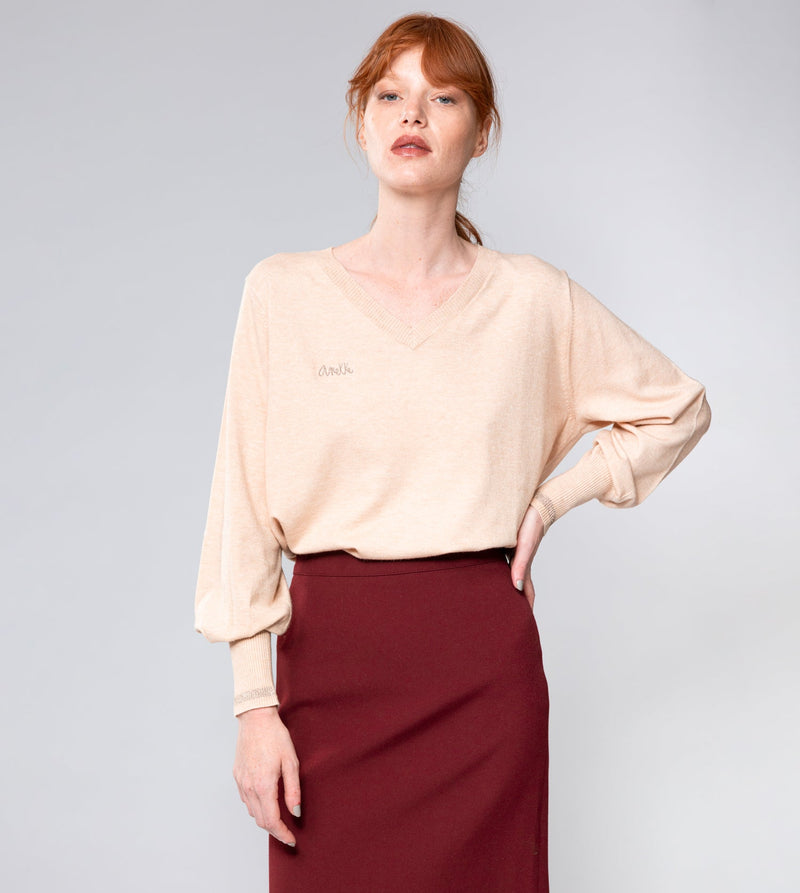 Maglione beige Shōen con scollo a V